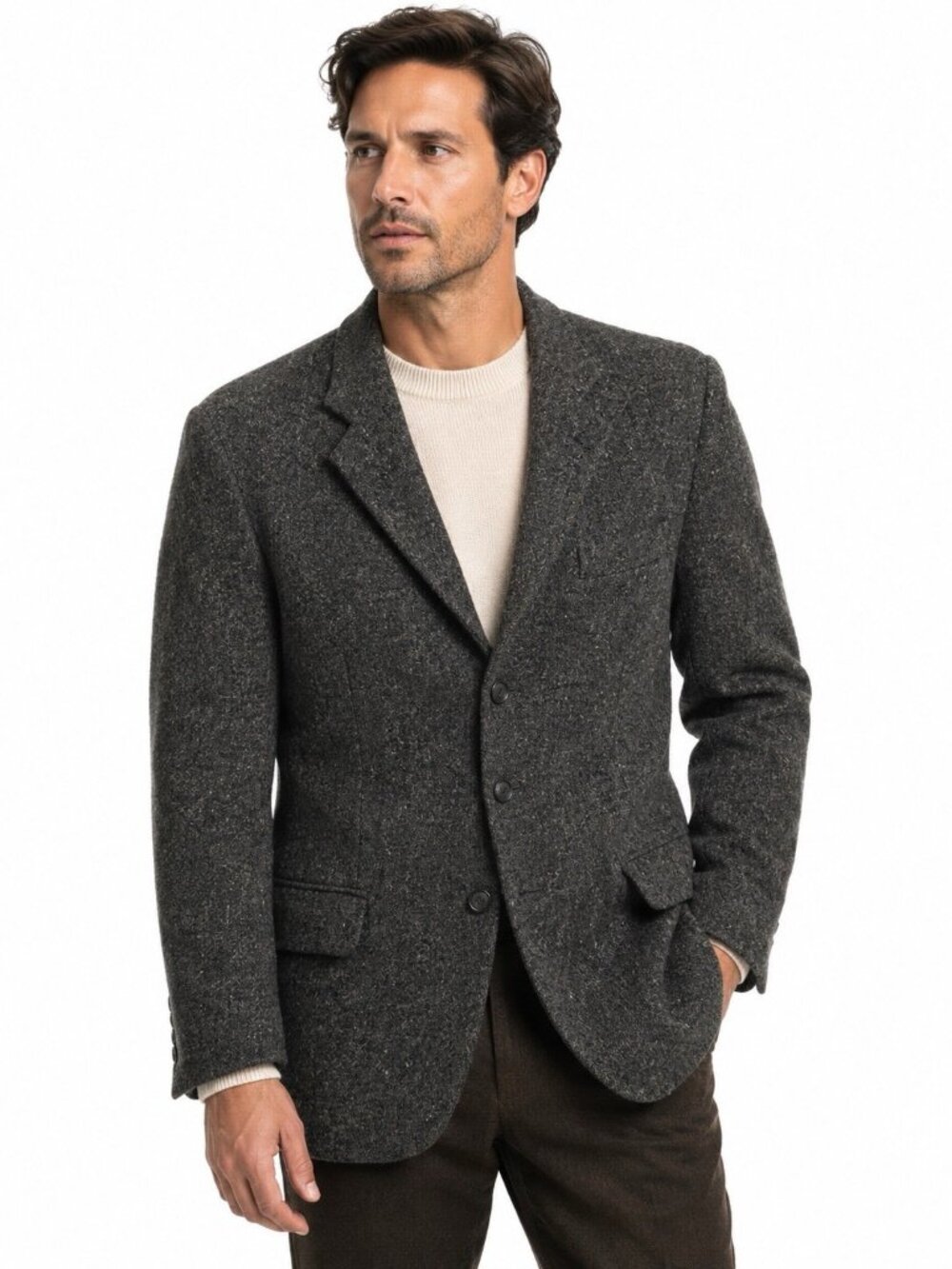 HARRIS TWEED vintage 80s blazer 46R hand woven wool gray tweed 3 button